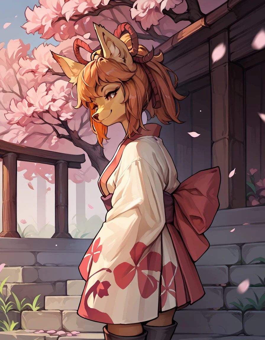 score_9, score_8_up, score_7_up, score_6_up, score_5_up, score_4_up, source_furry,
(ceroba), fox ears, female, solo, kimono, japanese clothes, boots,
smile,
upper body shot, (outdoors, cherry blossom), 