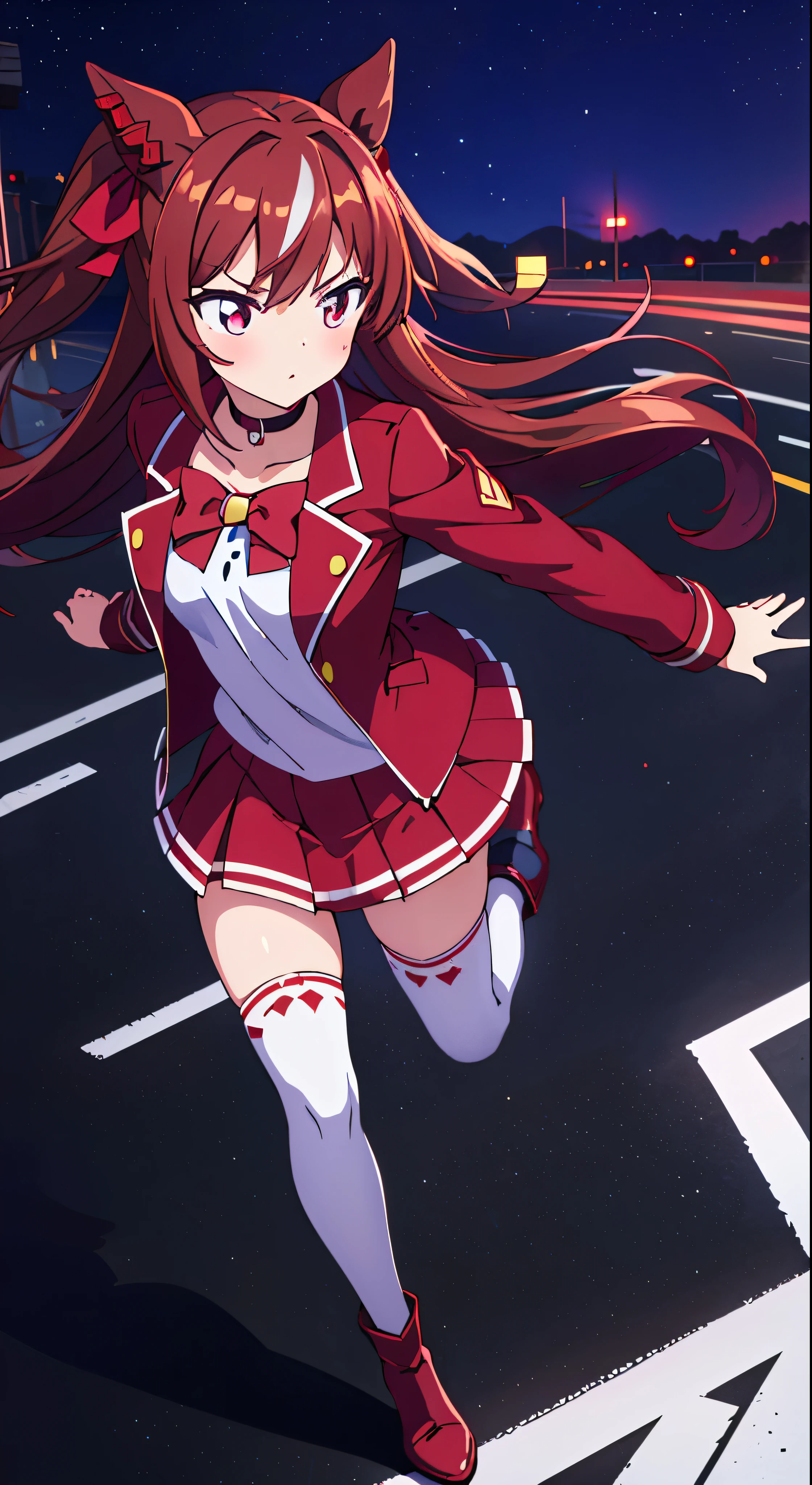 masterpiece, best quality,, maruzensky (umamusume),, red thighhighs, red jacket, pleated skirt, red skirt, long sleeves, choker, red shirt, open jacket, white bow, open clothes, high heel boots, asphalt road, running, eye trails, night sky, neon, from above,, 