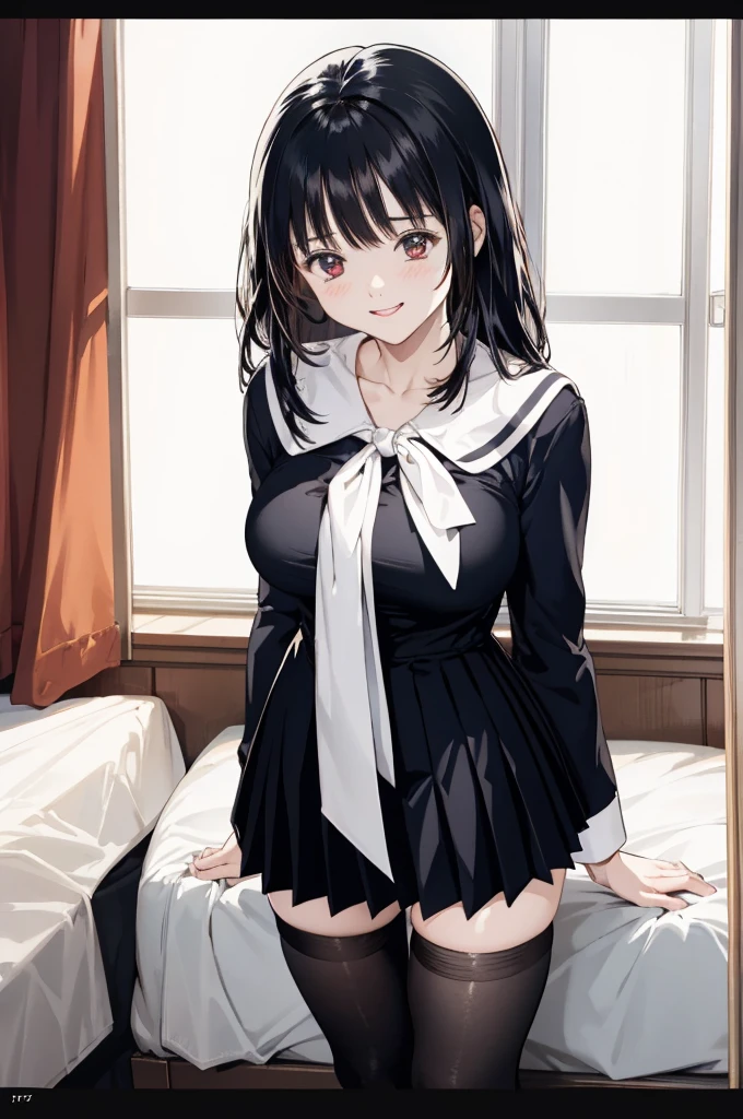 black hair,
serafuku, neck ribbon, pleated skirt, thighhighs, 
smile,, (best quality:1.3),1girl,my room,huge breasts