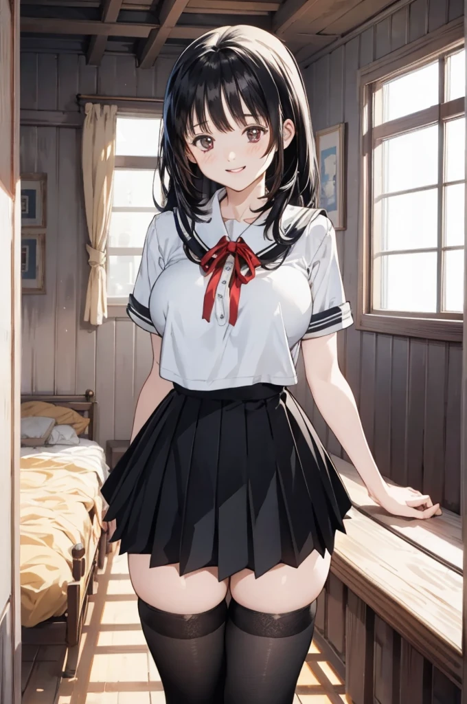 mikoiino, miko iino, blunt bangs, (brown eyes:1.5), brown hair, hair tie, long hair, low twintails, red ribbon, ribbon, twintails, (small breast:1.2),
BREAK black dress, dress, pinafore dress, school uniform, shirt, short sleeves, shuuchiin academy school uniform, white shirt, armband,
BREAK looking at viewer,
BREAK indoors, classroom,
BREAK (masterpiece:1.2), best quality, high resolution, unity 8k wallpaper, (illustration:0.8), (beautiful detailed eyes:1.6), extremely detailed face, perfect lighting, extremely detailed CG, (perfect hands, perfect anatomy),(white panties:1.5), (skrit lift:1.5), standing, small breasts, (short, tiny, little:1.5), blush, embarrassed,from below, cowboy shot, dutch angle