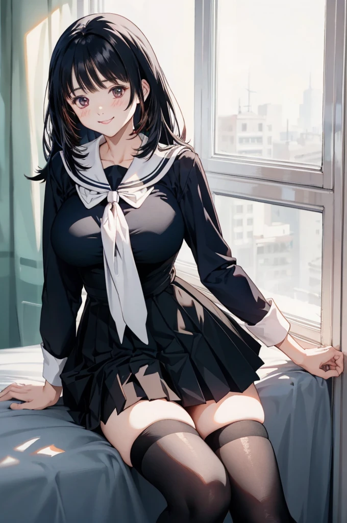 black hair,
serafuku, neck ribbon, pleated skirt, thighhighs, 
smile,, (best quality:1.3),1girl,my room,big breasts