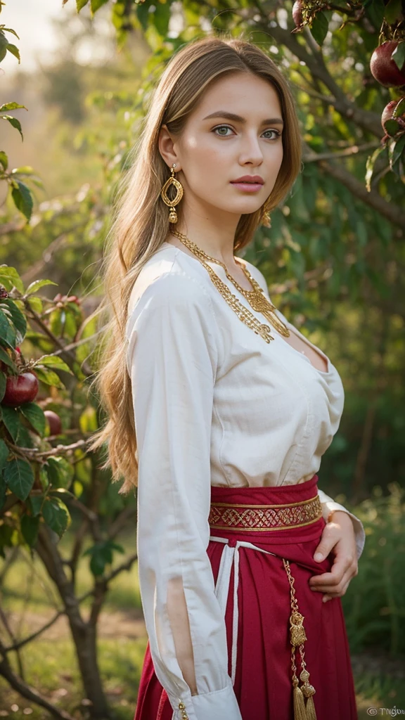  front view, Standing by the golden apple tree, in garden ,Daughter of a Russian noblewoman during the reign of Catherine II, Front view , looking at viewer,  Russian girl, 18 age old, (Blond hair, middle hair ,  wince, Gray eyes, beautiful lip,  serious), (gold crescent earrings, gold neckless), (big breasts, slender whist, wide hip) ,(wearing traditional ethnic clothing, including a white and red Sarafan and kokoshnik),  textured skin , HI detailed skin, (foreshortening, Canon, 8K, anatomically correct,  super detail, high details, highness, 