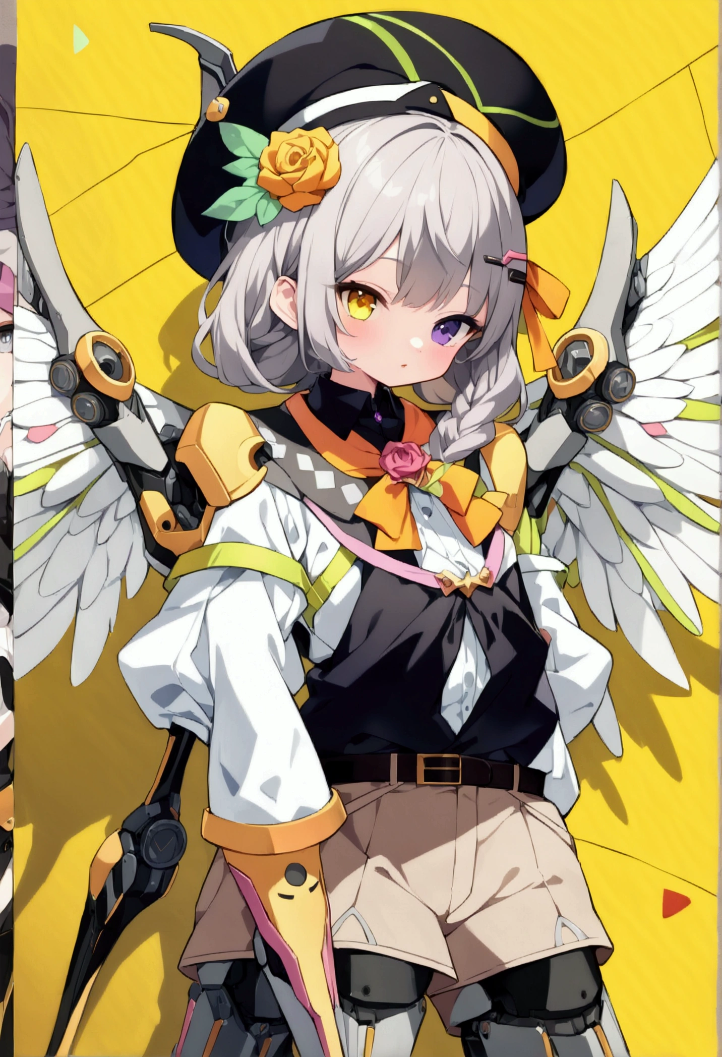 woman 160cm tall, slim build, , charming look, ((heterocromia: look like, right naranja y look like izquierdo violeta)), (Shoulder Length Wavy Gray Hair, a short braid on the left side of the hair, big open bangs, golden gear hairpin on the left side of the hair), (((complex mechanical legs up to the hip, The legs are black with gray parts with small pink details))), (((complex mechanical arms up to the elbows, The arms are black with gray parts with small pink details))), ((complex white mechanical angel wings with pastel green parts)), (elegant black French beret with an orange rose ribbon), (stylish white short sleeve button down shirt, dark brown shorts from the waist, elegant black belt, small rose brooch on shirt collar, beautiful mechanical stilettos), (((character design sheet: Front view))), ((Pastel yellow background)), ((full body 1.5)), extremely detailed beautiful hair, beautiful detailed clothing, extremely detailed arms, extremely detailed face, (Extremely detailed hands), perfect hands, small face, hermosos look likes detallados, beautiful detailed lips, adorable, extremely detailed legs, (Best Quality, 8k, ultra resolution), ultra detailed, Exquisite and epic character art, (Focus on symmetry), (extremely detailed wings), (body position: standing, right, symmetrical), looking at the viewer.