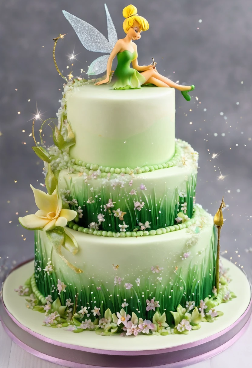 2-tier cake with feminine decoration, with Tinkerbell sitting on top of the cake and with fairy dust as ambient decoration