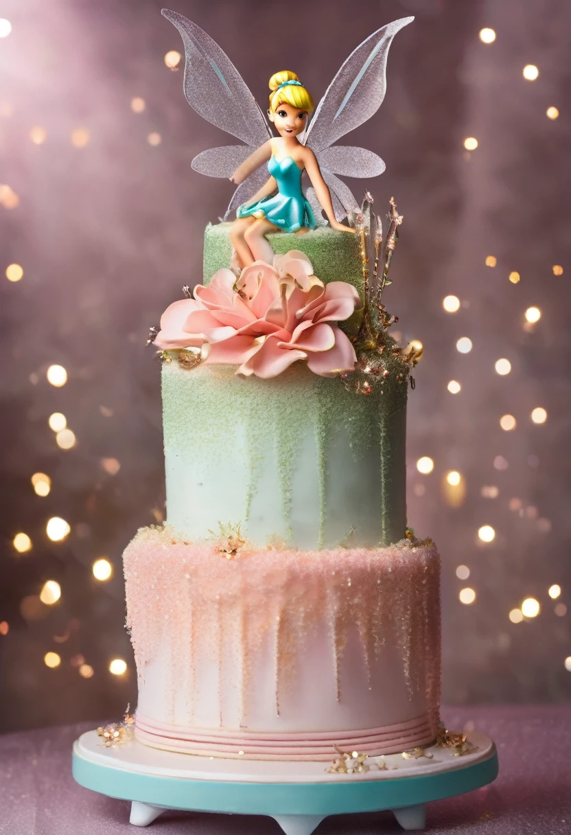 2-tier cake with feminine decoration, with Tinkerbell sitting on top of the cake and with fairy dust as ambient decoration 