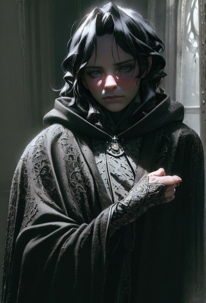 a man in a cloak with black, with a devil in his shadow, intricate detailed portrait, dramatic lighting, dark moody atmosphere, gothic fantasy, cinematic dramatic, dark fantasy, chiaroscuro, dramatic shadows, mystical occult, dark supernatural, ominous sinister, dark brooding, (best quality,4k,8k,highres,masterpiece:1.2),ultra-detailed,(realistic,photorealistic,photo-realistic:1.37)