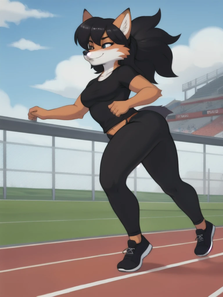 Furry, fox, female, black shirt, black leggings, shoes, running track, solo, full body