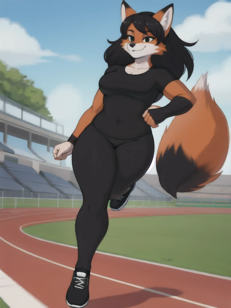 Furry, fox, female, black shirt, black leggings, shoes, running track, solo, full body