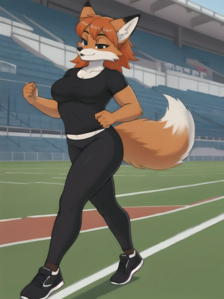Furry, fox, female, black shirt, black leggings, shoes, running track, solo, full body