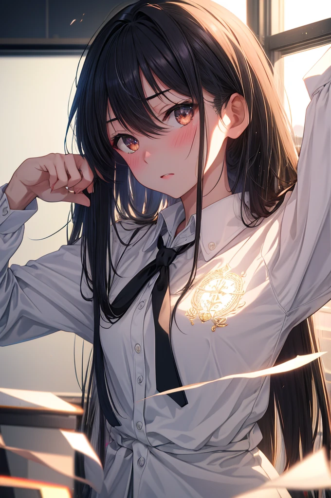 ((masterpiece)), (best quality), (ultra-detailed), 1girl, solo, Japanese high school girl, 17 years old, slender build, 160cm tall, long straight black hair to the waist, black almond-shaped eyes with a slight upward tilt, serious expression, detail lip, standing in the class room, sunlight streaming through windows, holding textbooks and clipboard, confident posture, a slight blush on cheeks, determined gaze, hint of vulnerability in eyes, meticulous appearance, neatly styled hair, crisp and clean uniform, intricate details on a uniform, realistic fabric textures, soft lighting, depth of field, high contrast, cinematic composition, official art, Splash anime art, Smooth anime CG art, pixiv, Sequential art, Rule of thirds composition, Noise-free clean image, High detail, 8K resolution