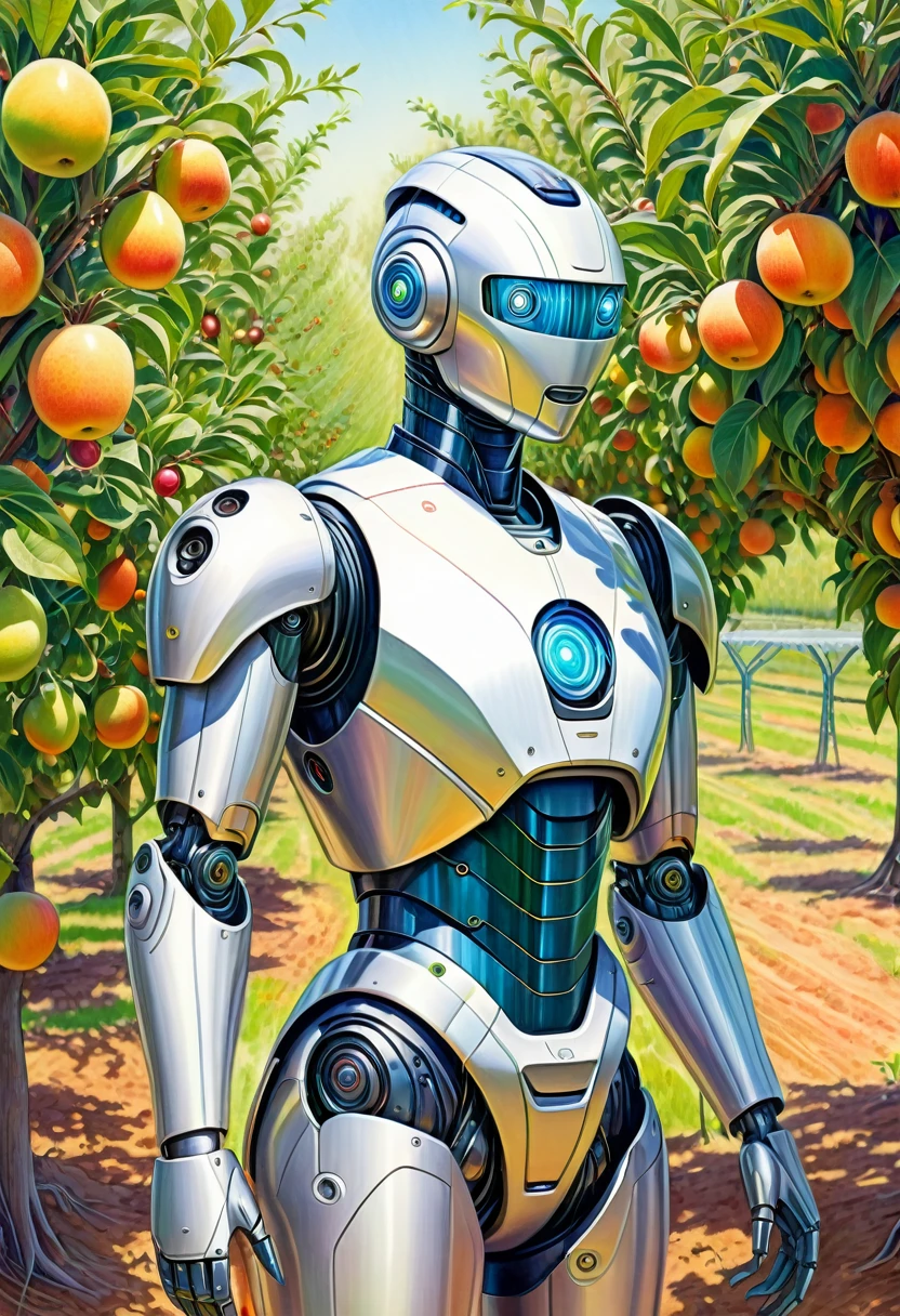 A colored pencil sketch of a futuristc farm human looking robot working in a fruit orchard. It is bright sunny romanitic and idealist sketch of furture were the land and tecknology ar in harmony in a archeofuturistic vision.