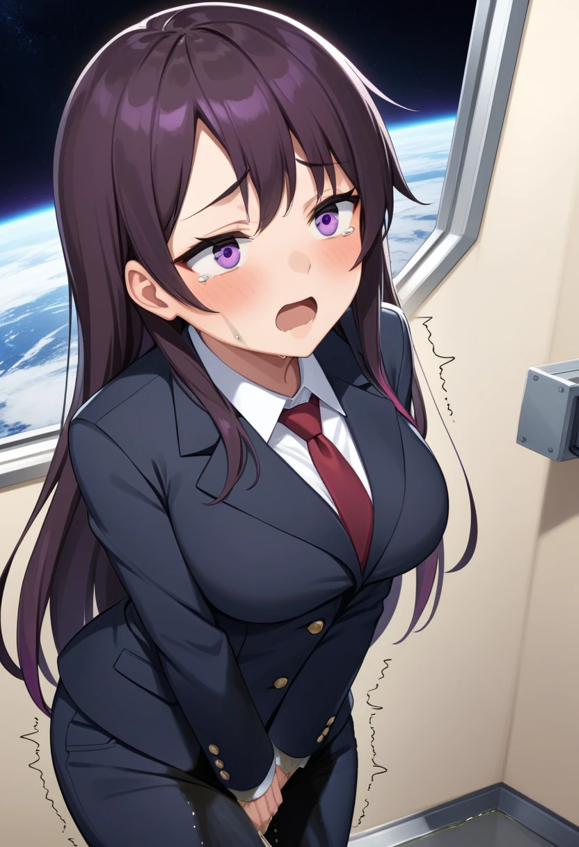 (high quality,Very detailed:1.37, High resolution), Woman, (mature:2.0), (Sakaki Yumiko:1.5), (very long hair:1.5), (straight hair:1.5) (dark purple hair:2.5), purple eyes, huge breasts, tuxedo, necktie, (pants:1.5), (wetting herself:2.0), standing, embarrassed, humiliation, (sanpaku eyes:1.5), (constricted pupils:1.5), (tiny pupils:1.5), (sweating:1.5), shaking, (trembling:1.5), (blushing:1.5), Meticulous details, (extremely detailed eyes:1.37), space station, interior, science fiction, futuristic