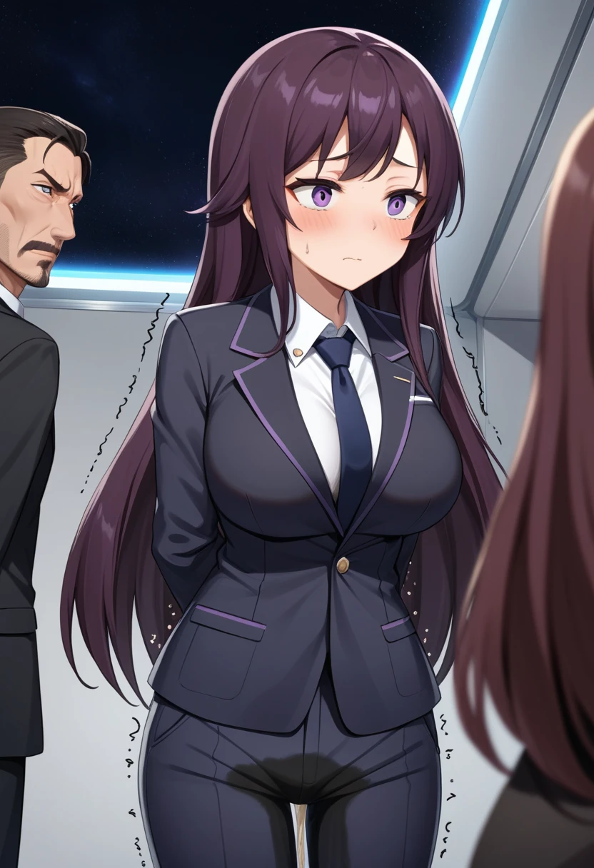 (high quality,Very detailed:1.37, High resolution), Woman, (mature:2.0), (Sakaki Yumiko:1.5), (very long hair:1.5), (straight hair:1.5) (dark purple hair:2.5), purple eyes, huge breasts, tuxedo, necktie, (pants:1.5), (wetting herself:2.0), standing, embarrassed, humiliation, (sanpaku eyes:1.5), (constricted pupils:1.5), (tiny pupils:1.5), (sweating:1.5), shaking, (trembling:1.5), (blushing:1.5), Meticulous details, (extremely detailed eyes:1.37), space station, interior, science fiction, futuristic