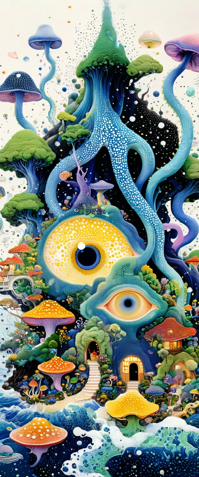 Strong visual fusion of multiple elements,Broto,来自Star的艺术家,house:1.37、Eye、Star、cloud、Spore powder、Ocean、Tentacles,Describing the inner world of autistic people,密集Pointillism method。Smooth lines。interesting,Strange illustration。Pointillism method。Strong contrast。Award-winning works。