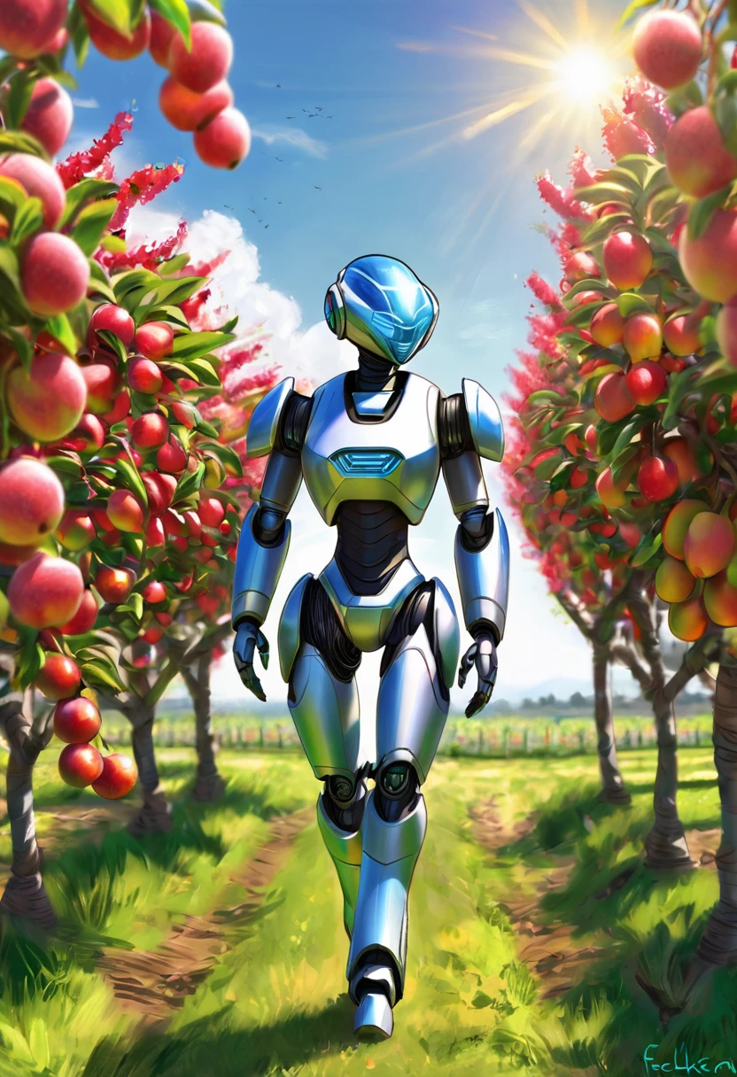 A colored pencil sketch of a futuristc farm human looking robot working in a fruit orchard. It is bright sunny romanitic and idealist sketch of furture were the land and tecknology ar in harmony in a archeofuturistic vision.