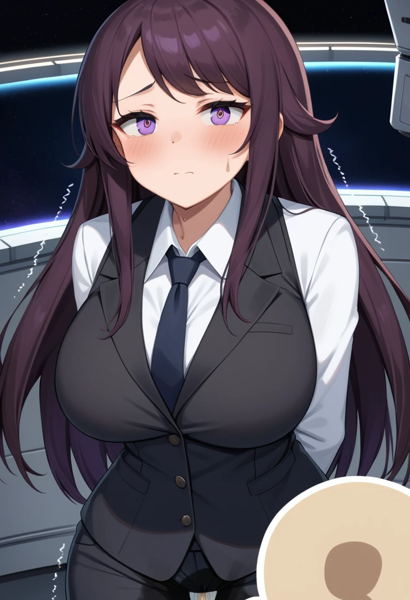 (high quality,Very detailed:1.37, High resolution), Woman, (mature:2.0), (Sakaki Yumiko:1.5), (very long hair:1.5), (straight hair:1.5) (dark purple hair:2.5), purple eyes, huge breasts, tuxedo, necktie, (pants:1.5), (wetting herself:2.0), standing, embarrassed, humiliation, (sanpaku eyes:1.5), (constricted pupils:1.5), (tiny pupils:1.5), (sweating:1.5), shaking, (trembling:1.5), (blushing:1.5), Meticulous details, (extremely detailed eyes:1.37), space station, interior, science fiction, futuristic