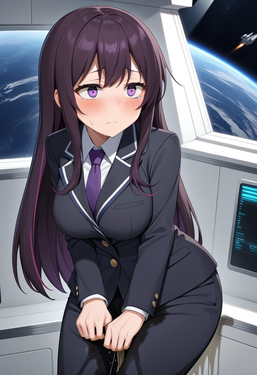 (high quality,Very detailed:1.37, High resolution), Woman, (mature:2.0), (Sakaki Yumiko:1.5), (very long hair:1.5), (straight hair:1.5) (dark purple hair:2.5), purple eyes, huge breasts, tuxedo, necktie, (pants:1.5), (wetting herself:2.0), standing, embarrassed, humiliation, (sanpaku eyes:1.5), (constricted pupils:1.5), (tiny pupils:1.5), (sweating:1.5), shaking, (trembling:1.5), (blushing:1.5), Meticulous details, (extremely detailed eyes:1.37), space station, interior, science fiction, futuristic