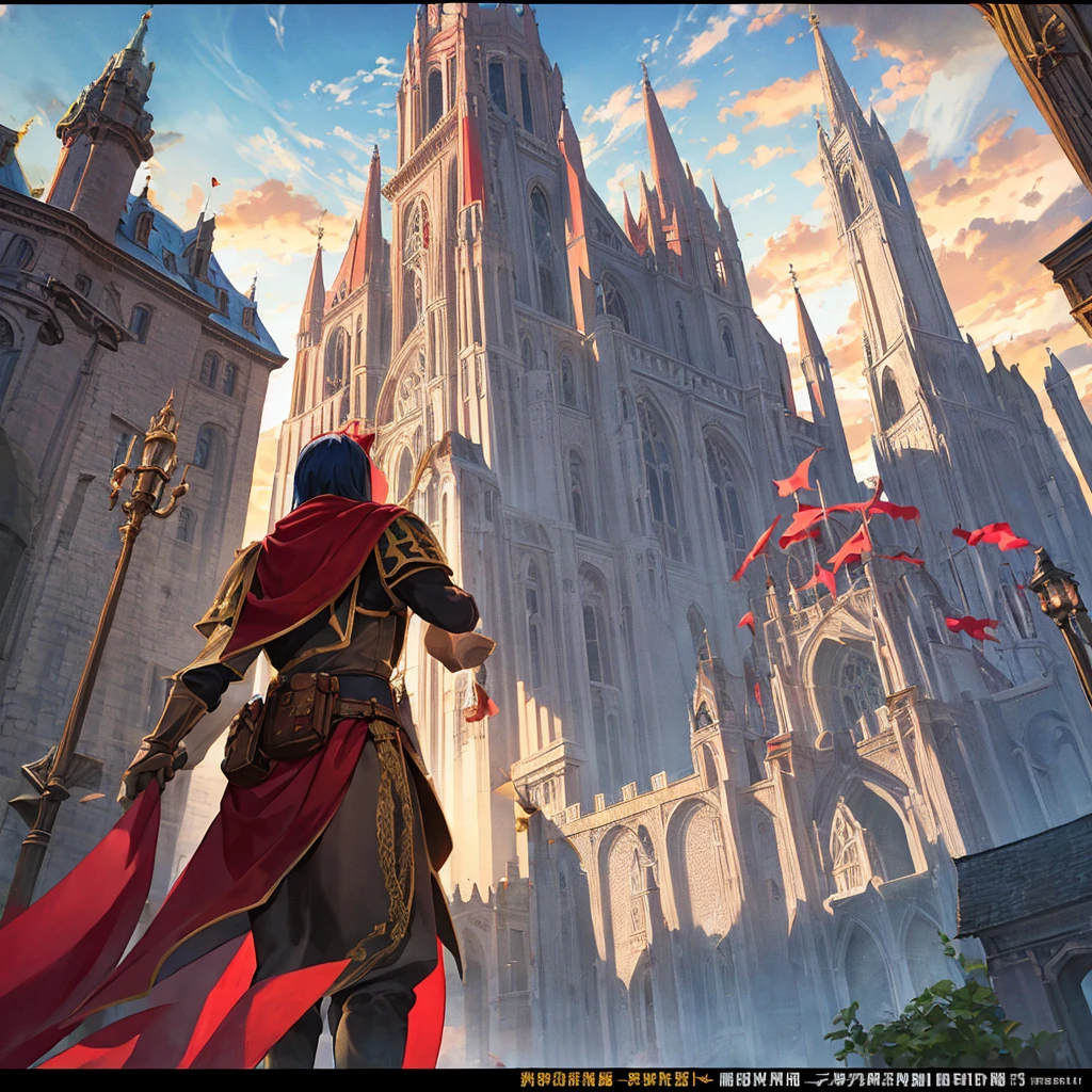 medieval fantasy capital's town entrance at outskirts, red, white and black enigmática, secured with Royal guards, anime Style ilustración, Creative and original , high quality, realistic ,