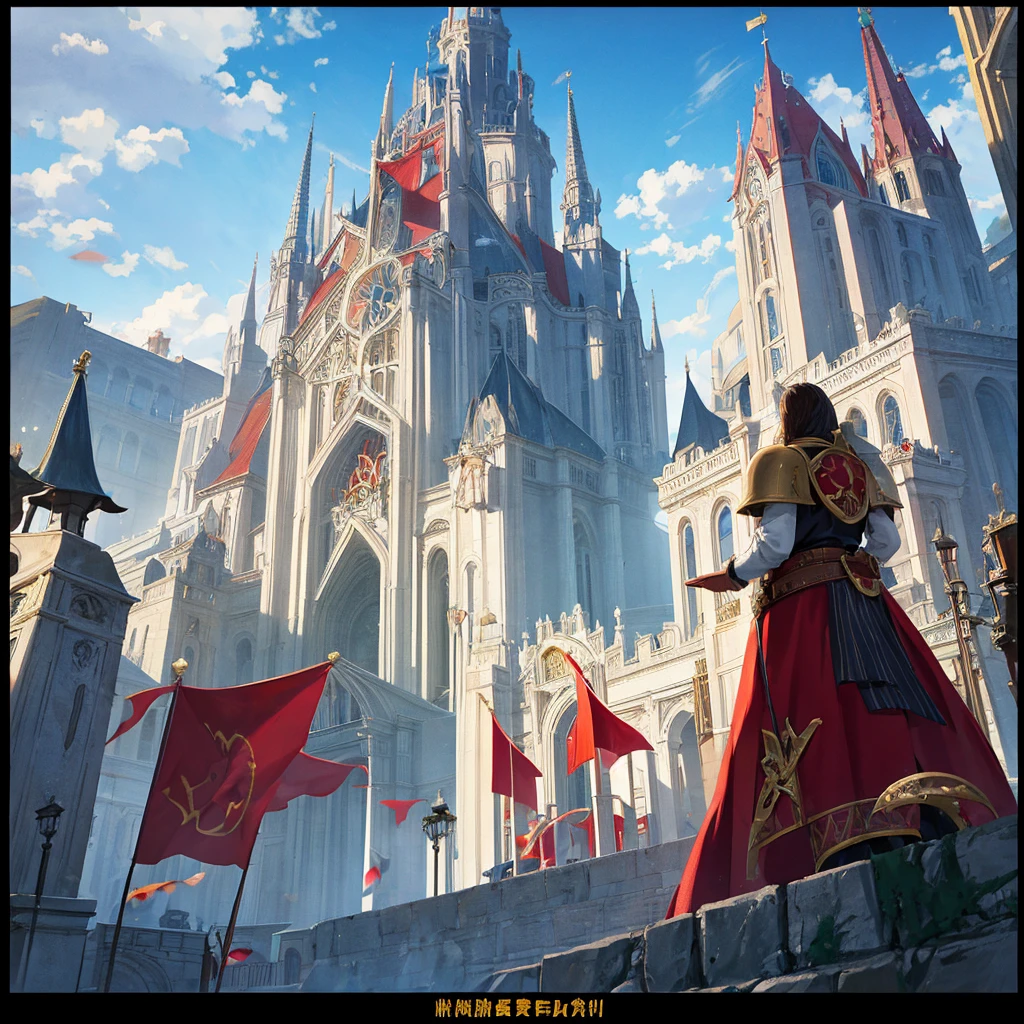 medieval fantasy capital's town  entrance at outskirts, red, white and black enigmática, secured with  Royal guards, anime Style ilustración, Creative and original , high quality, realistic , 