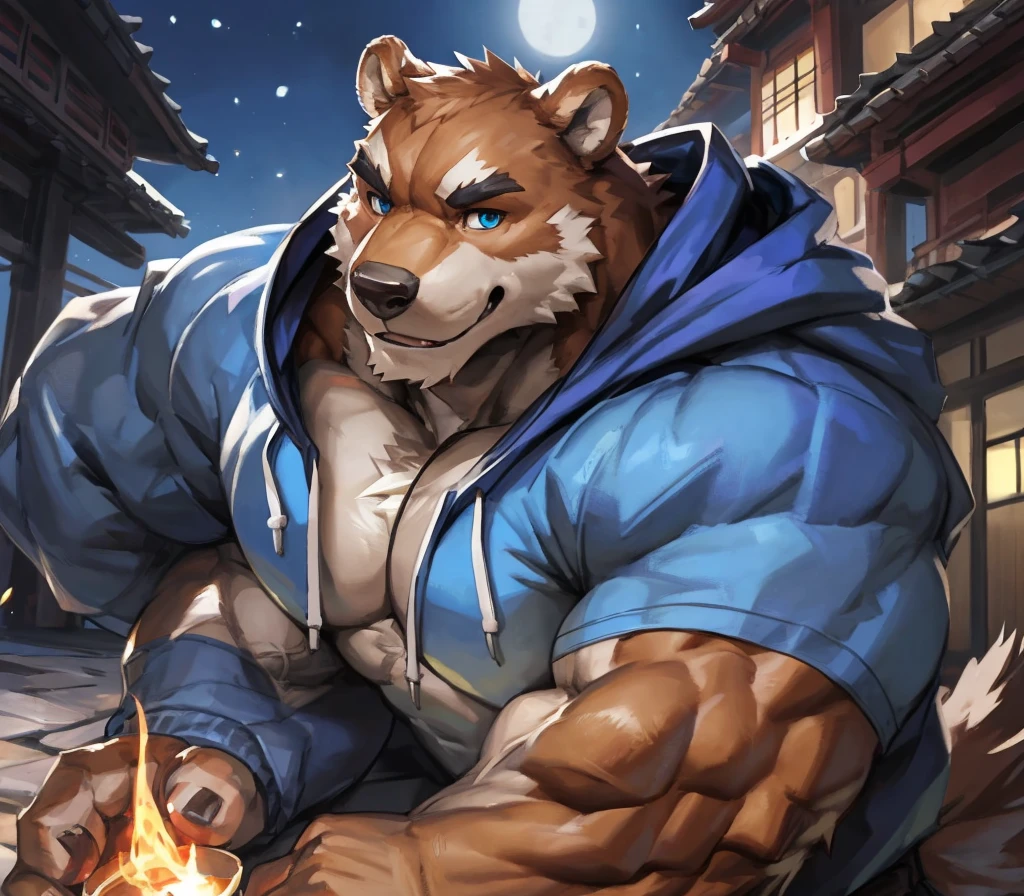 bynamic angle,depth of field, motion blur, absurdres,looking at viewer, (best quality), (masterpiece), (ultra detailed),(detailed eyes),sharp focus,japanese anime,manga,anthro male brown grizzly bear,(muscular),big fellow,huge body,((hoodie sleevless)),sky blue eyes,handsome,night,(flex one’s biceps),by null-ghost,by traver009,by lindong,by pino daeni