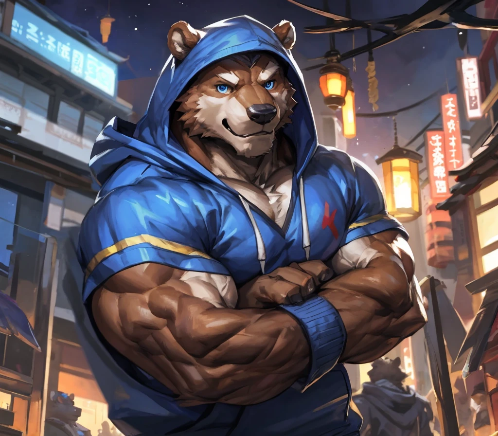 bynamic angle,depth of field, motion blur, absurdres,looking at viewer, (best quality), (masterpiece), (ultra detailed),(detailed eyes),sharp focus,japanese anime,manga,anthro male brown grizzly bear,(muscular),big fellow,huge body,((hoodie sleevless)),sky blue eyes,handsome,night,(flex one’s biceps),by null-ghost,by traver009,by lindong,by pino daeni