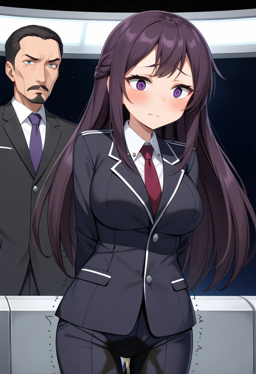 (high quality,Very detailed:1.37, High resolution), Woman, (mature:2.0), (Sakaki Yumiko:1.5), (very long hair:1.5), (straight hair:1.5) (dark purple hair:2.5), purple eyes, huge breasts, tuxedo, necktie, (pants:1.5), (wetting herself:2.0), standing, embarrassed, humiliation, (sanpaku eyes:1.5), (constricted pupils:1.5), (tiny pupils:1.5), (sweating:1.5), shaking, (trembling:1.5), (blushing:1.5), Meticulous details, (extremely detailed eyes:1.37), space station, interior, science fiction, futuristic