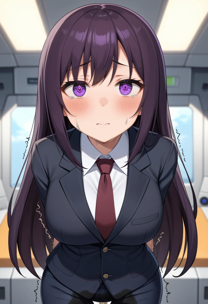 (high quality,Very detailed:1.37, High resolution), Woman, (mature:2.0), (Sakaki Yumiko:1.5), (very long hair:1.5), (straight hair:1.5) (dark purple hair:2.5), purple eyes, huge breasts, tuxedo, necktie, (pants:1.5), (wetting herself:2.0), standing, embarrassed, humiliation, (sanpaku eyes:1.5), (constricted pupils:1.5), (tiny pupils:1.5), (sweating:1.5), shaking, (trembling:1.5), (blushing:1.5), Meticulous details, (extremely detailed eyes:1.37), space station, interior, science fiction, futuristic