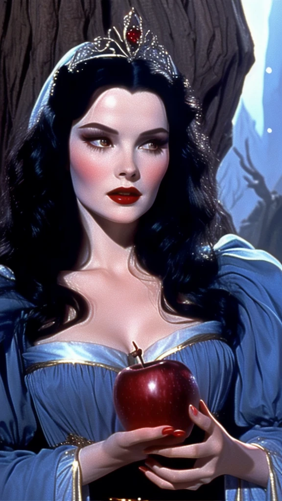 detailed portrait of princess a witch giving snow white the poisoned apple to snow white,  dvd screengrab from 1982s dark fantasy film, realistic retro film style, snow white disney movie, 1980s dark fantasy film expressive faces, real skin texture, the never ending story 1984 film style scenes 