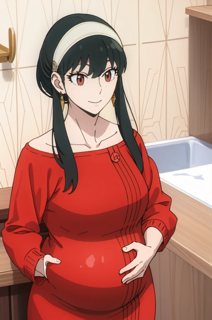 { - anatomy error} (Masterpiece, Best Quality) (masterpiece:1.4),(best quality:1.4) best quality, masterpiece, highres, solo, {yor_briar_spyxfamily:1.15}, black_hair, hairband, red eyes, sidelocks, white_hairband, jewelry, earrings, bangs, long_hair, 1girl, collarbone, closed_mouth, red_sweater, sweater, backwards,  full body, dinamic poses, looking at camera, smile, pregnant belly, pregnancy, 6 months
