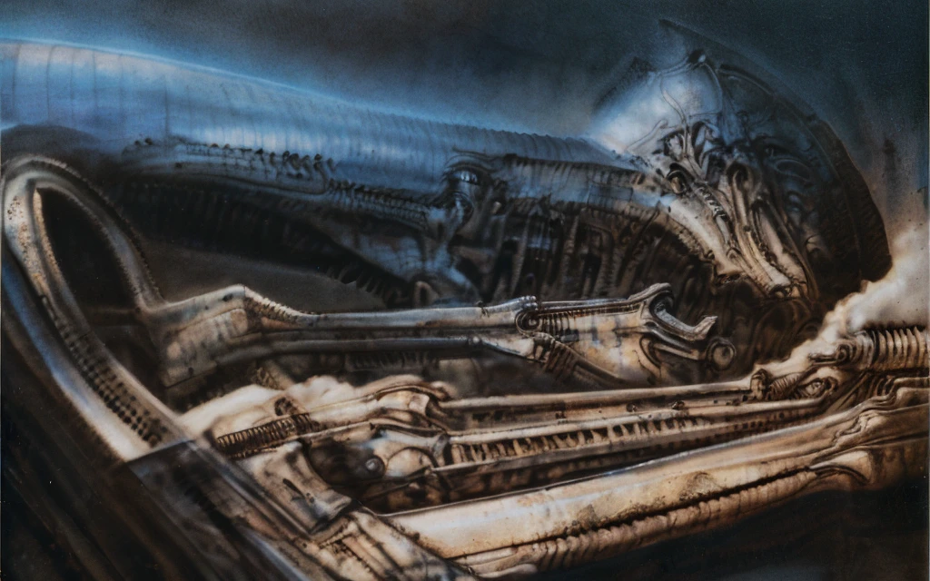 xgiger, The image is a detailed view of H.R. Giger's biomechanical tableau \" LANDSCAPE No 312 \" plate, featuring
a complex, intricate, and detailed design of endless Machine in the transit space over the cascade of fallen water, that appears to be a fusion of organic and mechanical elements, with a focus on the interplay between the two.The piece is a tableau, most likely created with a India ink pen or pencil on paper, determined by the thin lines, shading techniques, and the texture of the paper, which is visible around the edges.
Used is pen, given the shading and variations in line weight visible in the image. Artist have used a variety of stylus with different degrees of hardness to achieve the shading effects.
 The use of undersaturated green-grays dark contrasts creates a stark and graphic look. Is used a variety of linework techniques to create different textures. Fine, parallel lines create a smooth, metallic texture,while thicker, more cursive lines suggest cables or wires.
Light source from the top highlights skeletals, pper part of foreground, lower part of image is in shadowupper part of foreground, lower part of image is in shadow.
The art performance showcases the artist’s skills in observation and rendering. The level of detail in the piece suggests a close study of real bone specimens and mechanics. The artist has skillfully used shading techniques to create a convincing illusion of three-dimensionality on a flat surface. The wrinkles and cracks in the surface, and the cast shadows with accuracy, used shading techniques to create a realistic depiction of light and shadow on the objects. This creates a sense of depth and dimension in the image. The artist has used careful linework to depict the contours and textures in the piece
Sharp focus on foreground elements illustration. Deep and delicate DOF. Big painting. Stored in Louvre masterpiece, ooze soaked pajama top
