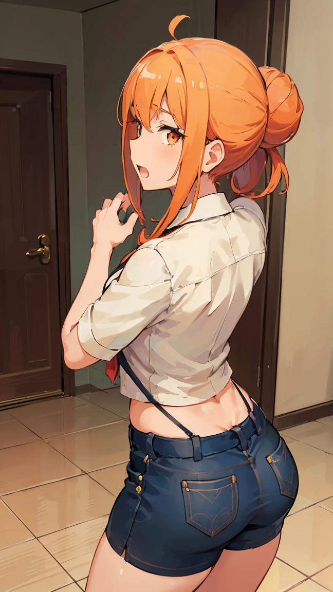 (Highest quality, 8k, masterpiece :1.3),Mrs. Yuigahama,ガハMom, As I expected, my youth romantic comedy is wrong。, One woman,Bun Hair,30 years old,Mom,Orange Hair,orgasm,Sexy pose,back,Big Ass,透けるTbackパンツ,