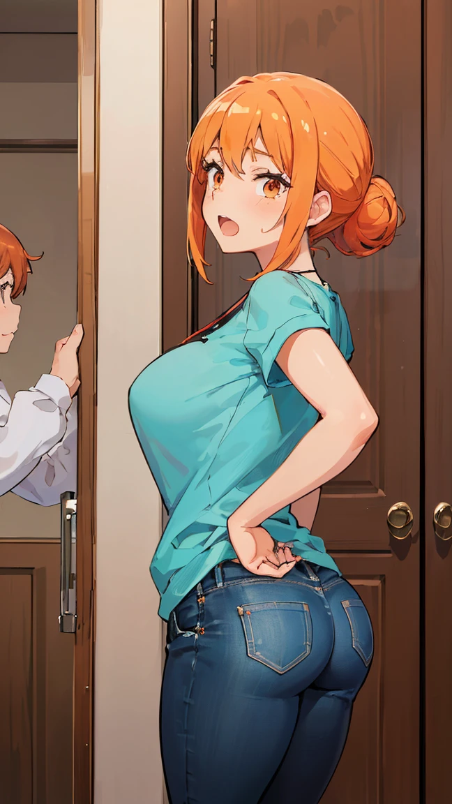 chest, Big chest, Gauze, Light blush, miniskirt,open chest,whole body,butt, look back, 太もも,脚, stick out your butt