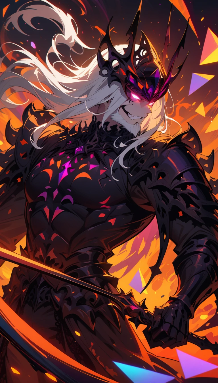((best quality)) , ((masterpiece)) , (detailed),weapon, armor, holding, long hair, facial hair, glowing eyes, 1boy, male focus, holding weapon, glowing, sword, outdoors, helmet, braid, teeth, fire, shoulder armor, pants, grey hair, beard, bangs, holding sword, muscular male, white hair,(((Abstract style,opulent . Non-representational, colors and shapes, expression of feelings, imaginative, highly detailed)))