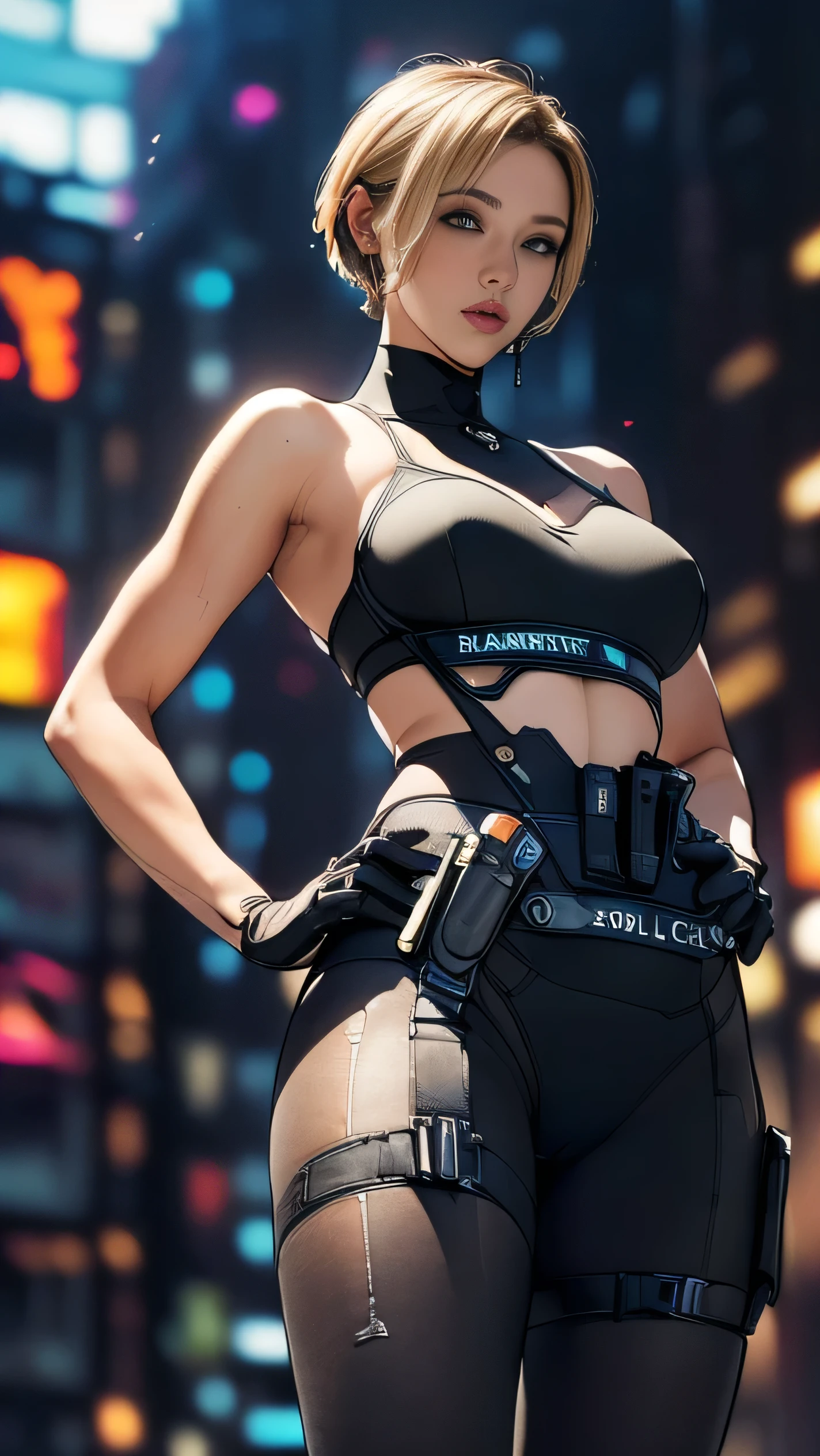 (A woman),(((Future female police officer standing))),((Black Tactical Tights:1.5)),((Camel toe:1.5)),((earphone:1.5)),((Tactical Holster:1.5)),(Gloves:1.5),(((Hands on hips:1.5))),(front:1.5),(From below:1.2),(Super short hair:1.5),(Blonde:1.5),(beautiful eyes:1.3),(Very detailedな顔:1.5),((Very detailedな女性の手の描画:1.5)),((muscular:1.5)),(Sexy look:1.5),((Thick thighs:1.5)),(Beautiful Body:1.5),((Very sensual:1.5)),(The backdrop is a futuristic city:1.5),(Cyberpunk atmosphere:1.5),(((Blurred background:1.5))),(Written border depth:1.5),rest(((masterpiece:1.5),(best quality:1.5),(Very detailed:1.5),(high resolution:1.5),(Practical:1.5),(Practical:1.5),(Delicate depiction),(carefully drawn))),8K,wallpaper