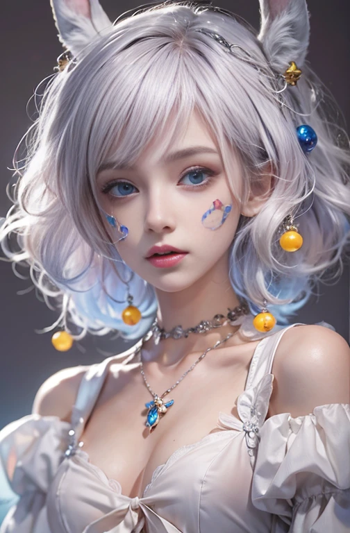 28 years old, Close-up portrait of a woman in a colorful clown costume、Shoulder out、thin、Serious expression、Short-haired、Deadly position, Gorgeous Necklace, Light milky porcelain skin, Smooth, Translucent white skin, Enchanting anime girl, Beautiful and seductive anime woman, Ultra realistic sweet bunny girl, Pale, porcelain-white skin, Smooth, Realistic and perfect body, Anime Girl Cosplay, Perfect body with realistic shadows, Switzerland&#39;masterpiece