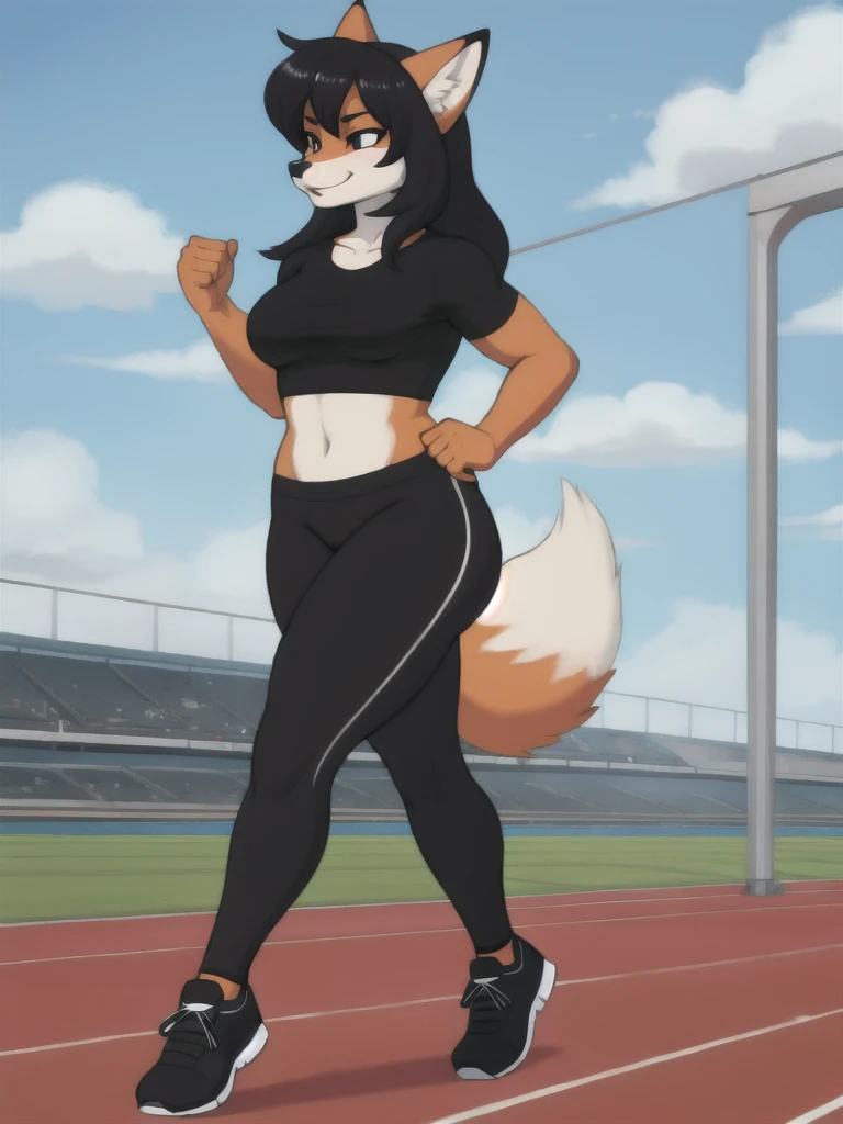 Furry, fox, female, black shirt, black leggings, shoes, running track, solo, full body