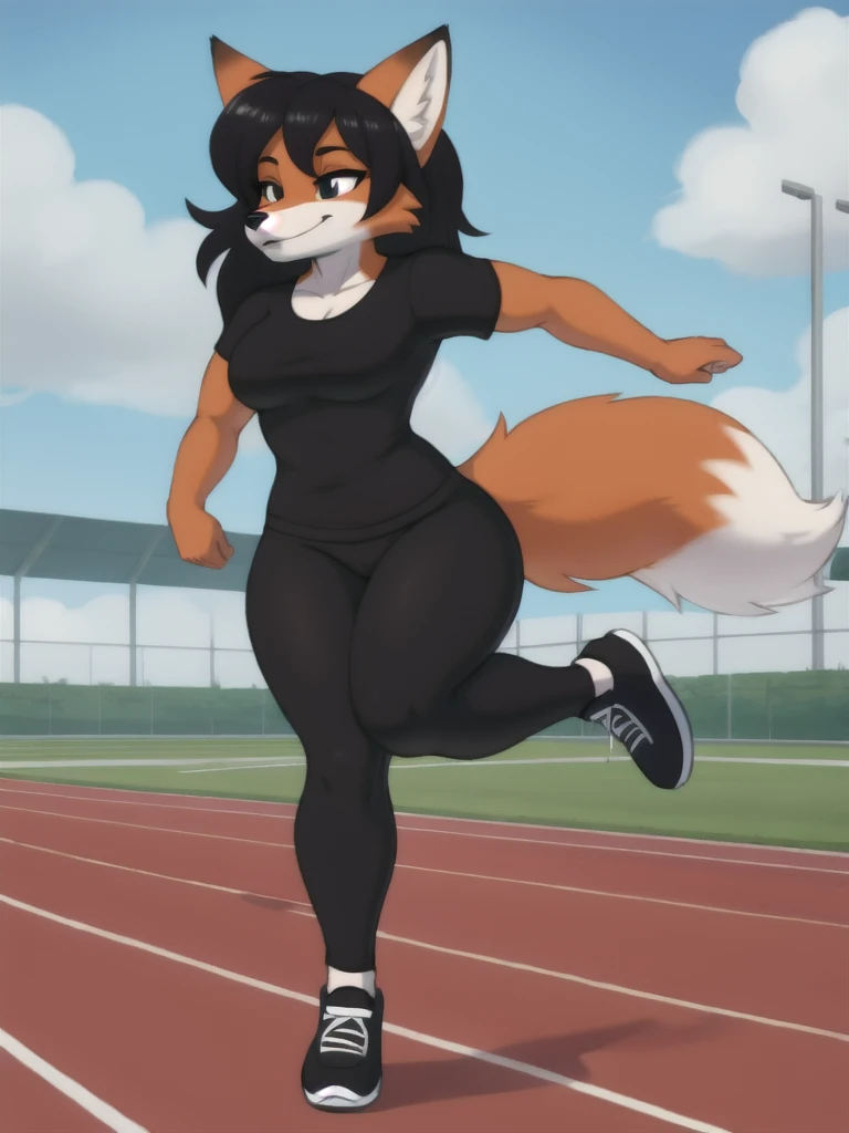 Furry, fox, female, black shirt, black leggings, shoes, running track, solo, full body