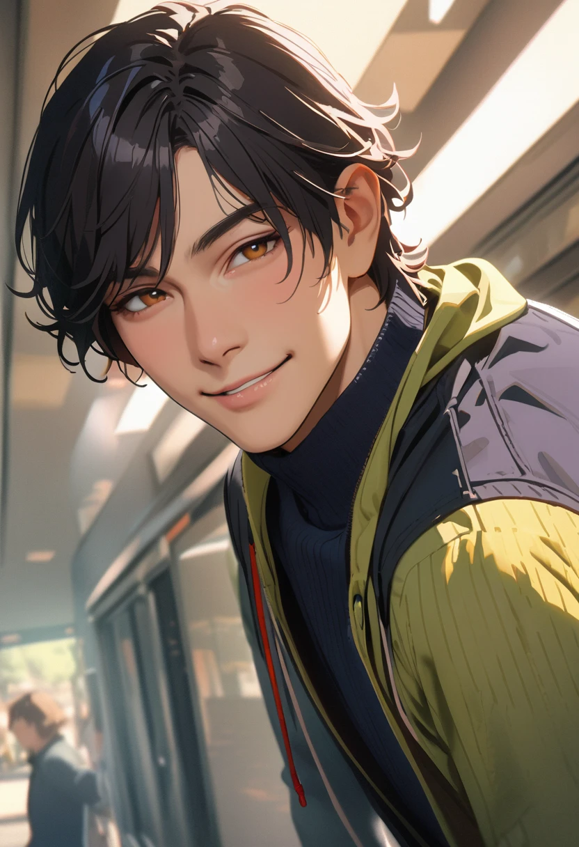 ((45 years old ,modern)), Verism, masterpiece, textured skin, ((super detail:1.3)), best quality, 4K ,  A handsome man, black hair, short hair, light smile, happy
