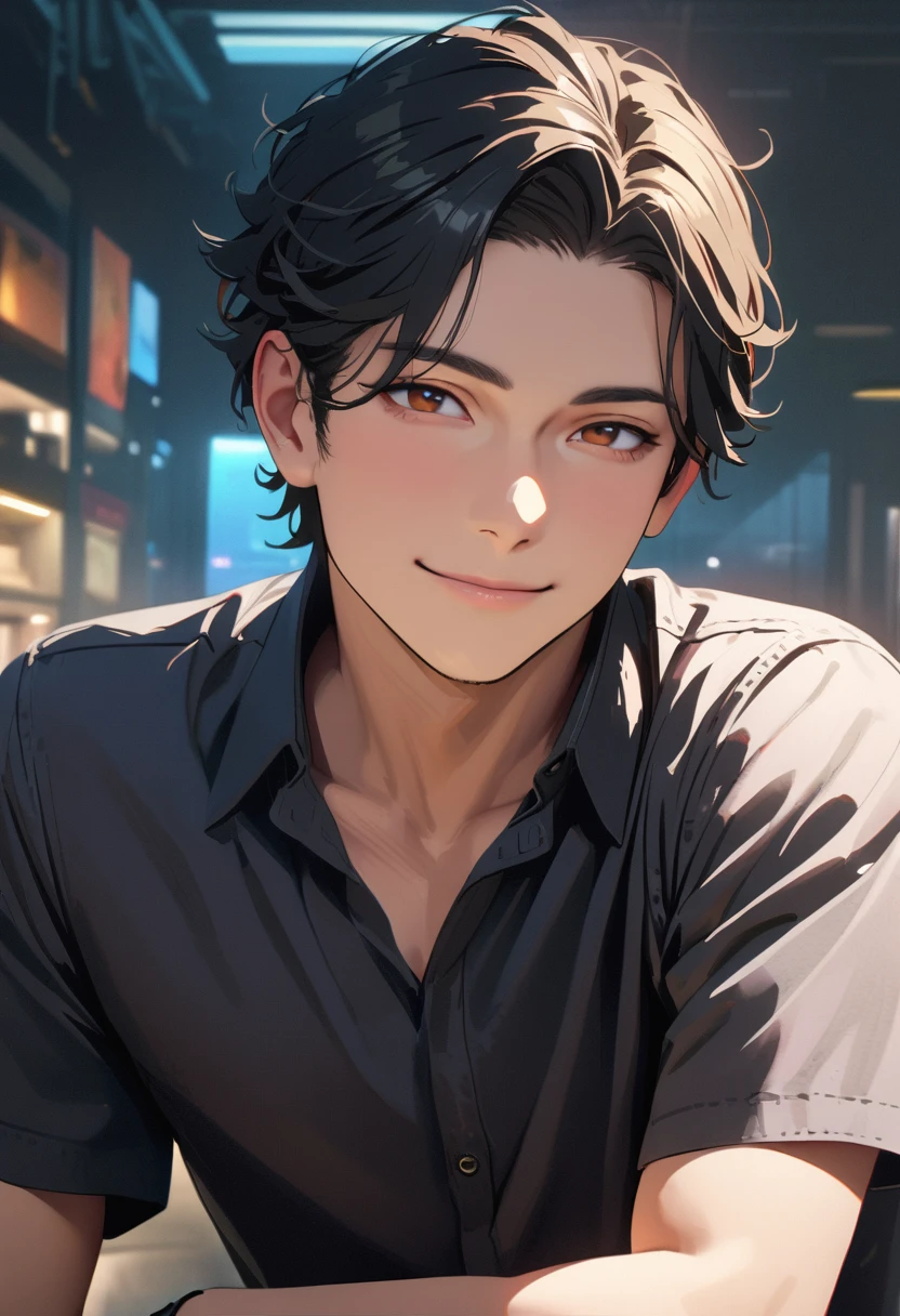 ((45 years old ,modern)), Verism, masterpiece, textured skin, ((super detail:1.3)), best quality, 4K , A handsome man, black hair, short hair, light smile, happy