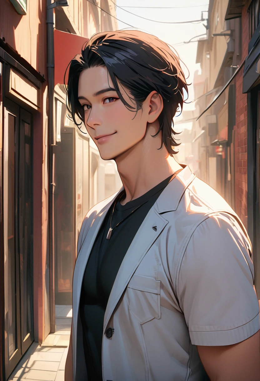 ((45 years old ,modern)), Verism, masterpiece, textured skin, ((super detail:1.3)), best quality, 4K ,  A handsome man, black hair, short hair, light smile, happy
