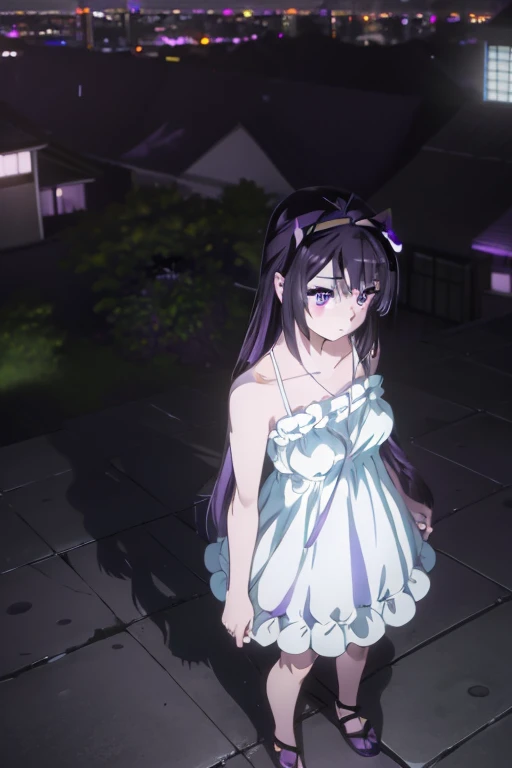 reina kousaka (violet eyes:1.7), ((black hair), (medium-sized breast:1.2), looking down at a beautiful Tokyo nightscape, BREAK collarbone, very ((low-cut white summer dress)), bare arms, bare shoulders, bare legs, twenty-year old woman BREAK looking at viewer, BREAK outdoors, standing on a building watching the city at night, BREAK (masterpiece:1.2), best quality, high resolution, unity 8k wallpaper, (illustration:0.8), (beautiful detailed eyes:1.6), extremely detailed face, perfect lighting, extremely detailed CG, (perfect hands, perfect anatomy), full body shot