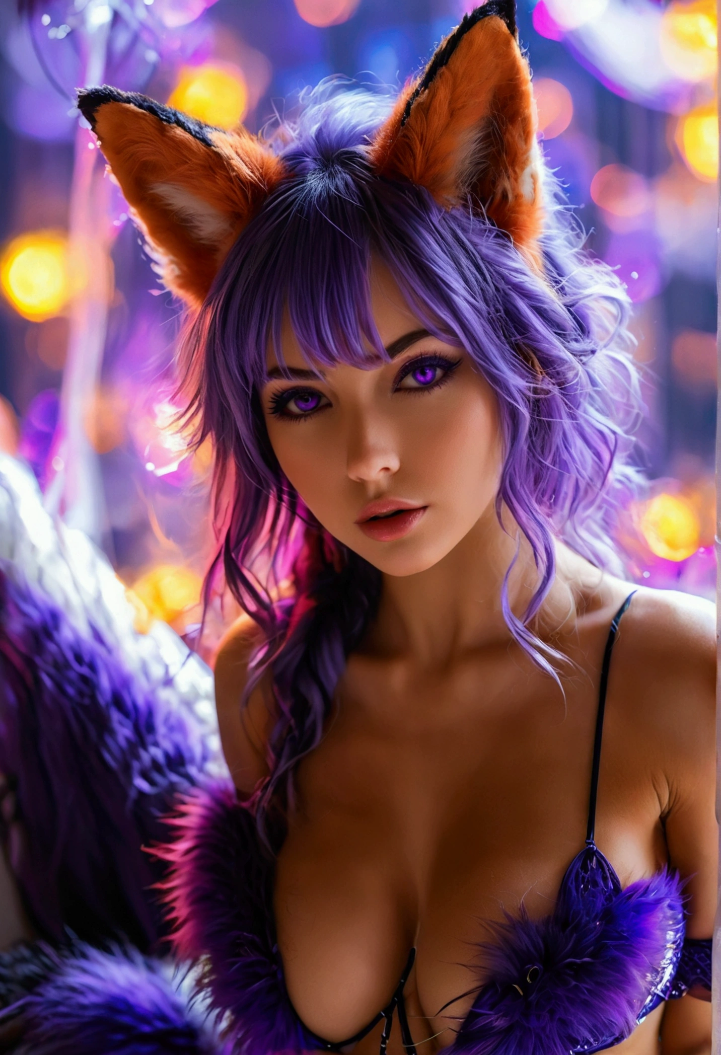 Sexy woman purple eyes fox tail and ears in micro bikini with big  and butt