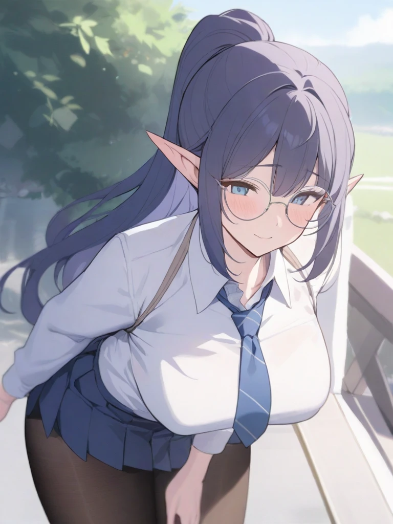 masterpiece, best quality, high quality, beautiful anime character, solo, anime girl with dark blue hair, messy hair, medium length hair, (huge long ponytail, ponytail), blue eyes, elf ears, slightly big breasts, (mature female, tall female), big girl, thick, (calming face, blush, light smile, loving eyes), outdoors, (white shirt, necktie, pleated skirt, pantyhose), slim thick, short medium hair, round glasses,