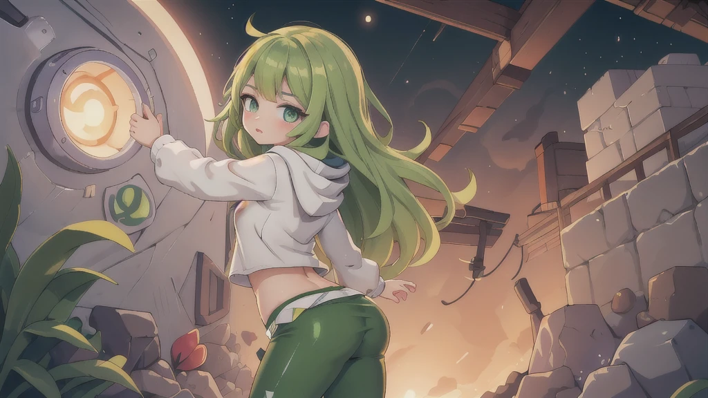 masterpiece, best quality, 1girl, tatsumaki, one-punch man\(series\), shiny skin, cinematic lighting, bloom, small breasts, looking at viewer, vivid color, green hair, green eyes, solo, smooth skin, crop top, hoodie, leggings, sunrise, steaming body, sweat, looking back,