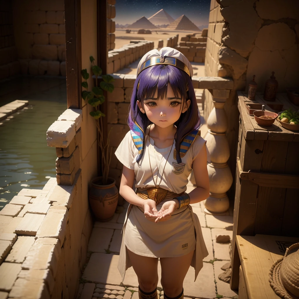 かわいいAncient Egyptの15歳の女の子、Ancient Egypt、View of the Nile、A colorful view of the whole、whole body、Low - Angle、Standing posture、Reeds are growing、Ancient Egyptの船、Ancient Egyptの風景、Sunset、