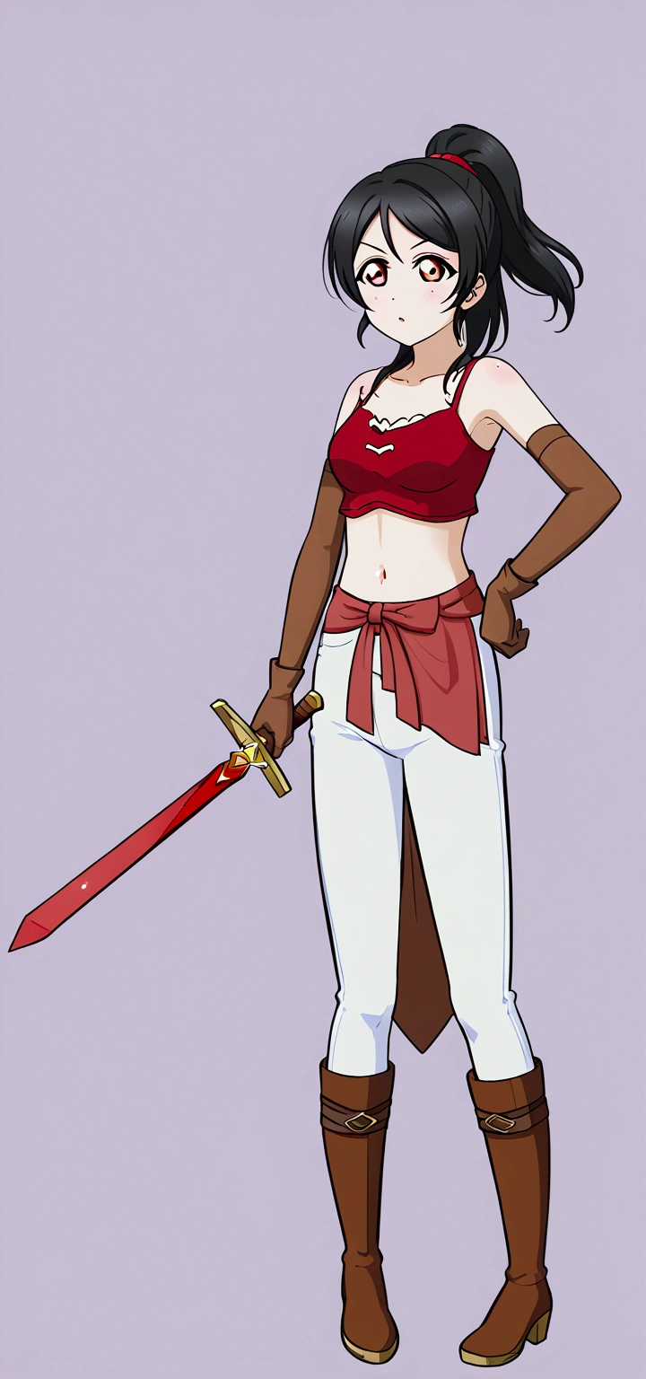 (Masterpiece), love live style, 1girl, black hair, ponytail,red tank top, white skinny pants, cleavage, brown elbow gloves, brown boots, sword,hand on hip 