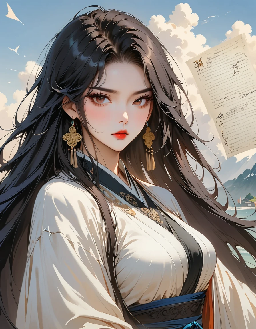 {portrait of girl},(white background),[[artist:as109,artist:wlop]],{[artist:WANKE]},[artist:ciloranko],[[artist:hiten]],artist:K-SUWABE,{{artist:mamimi}},((((dnd,fantasy,medieval)))),artist:OKAZU,,solo,official alternate costume,offcial art,,medium breasts, black hair, messy long hair,best quality, amazing quality, very aesthetic, note, line draft, highres, absurdres, (ultra-detailed:1.1) (beautiful detailed face),qzclothesdesign,qzmajiccircle