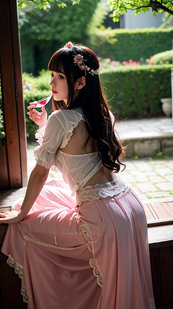 best quality,masterpiece,Ultra-high resolution,(photoactual:1.4),Rieger Begonia flower back view,beauty,enthusiastic,,20-year-old Lige Begonia flower girl(oriental goddess),Pink wavy hair above waist,),Rieger Begonia lace skirt,sitting,Drinking afternoon tea,