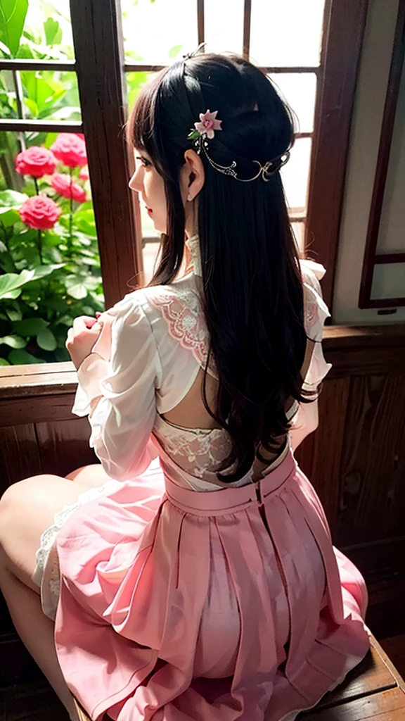 best quality,masterpiece,Ultra-high resolution,(photoactual:1.4),Rieger Begonia flower back view,beauty,enthusiastic,,20-year-old Lige Begonia flower girl（oriental goddess）,Pink wavy hair above waist,),Rieger Begonia lace skirt,sitting,Drinking afternoon tea,