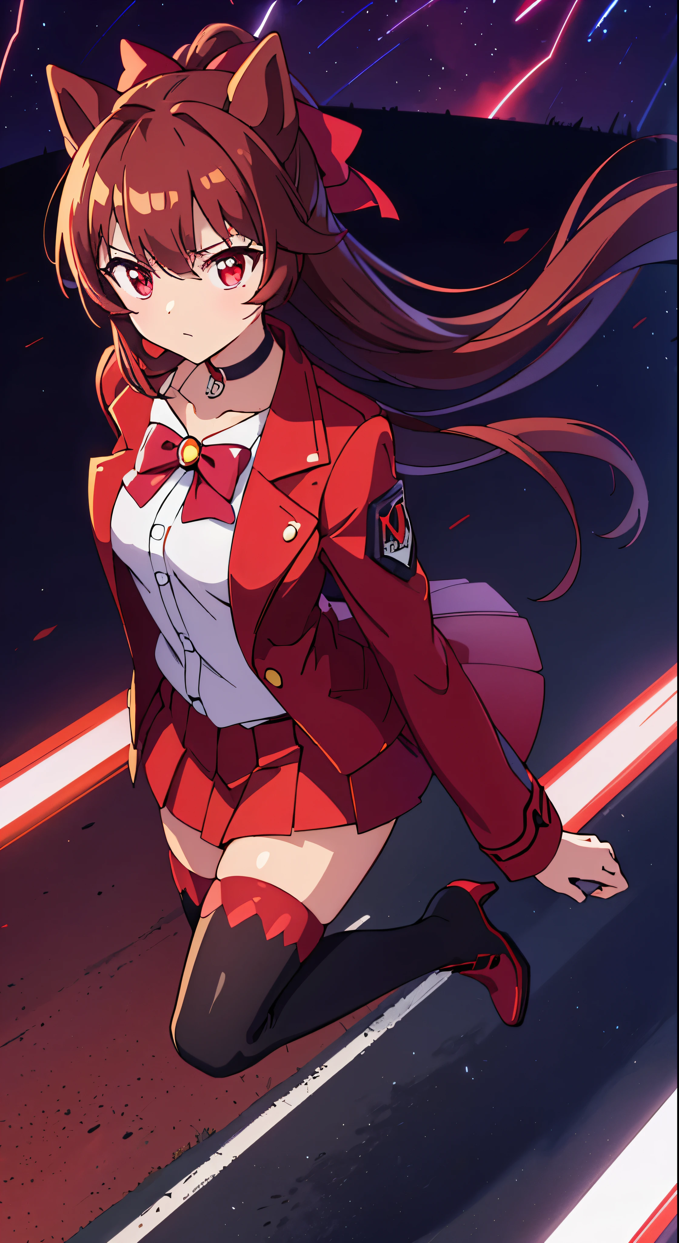 masterpiece, best quality,, maruzensky (umamusume),, red thighhighs, red jacket, pleated skirt, red skirt, long sleeves, choker, red shirt, open jacket, white bow, open clothes, high heel boots, asphalt road, running, eye trails, night sky, neon, from above,, 